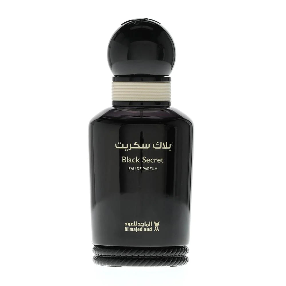 Black Secret perfume by Al Majed for Oud bottle with elegant dark design, reflecting a sweet citrus, jasmine, and warm vanilla fragrance vibe. 100 % original at civet in Egypt