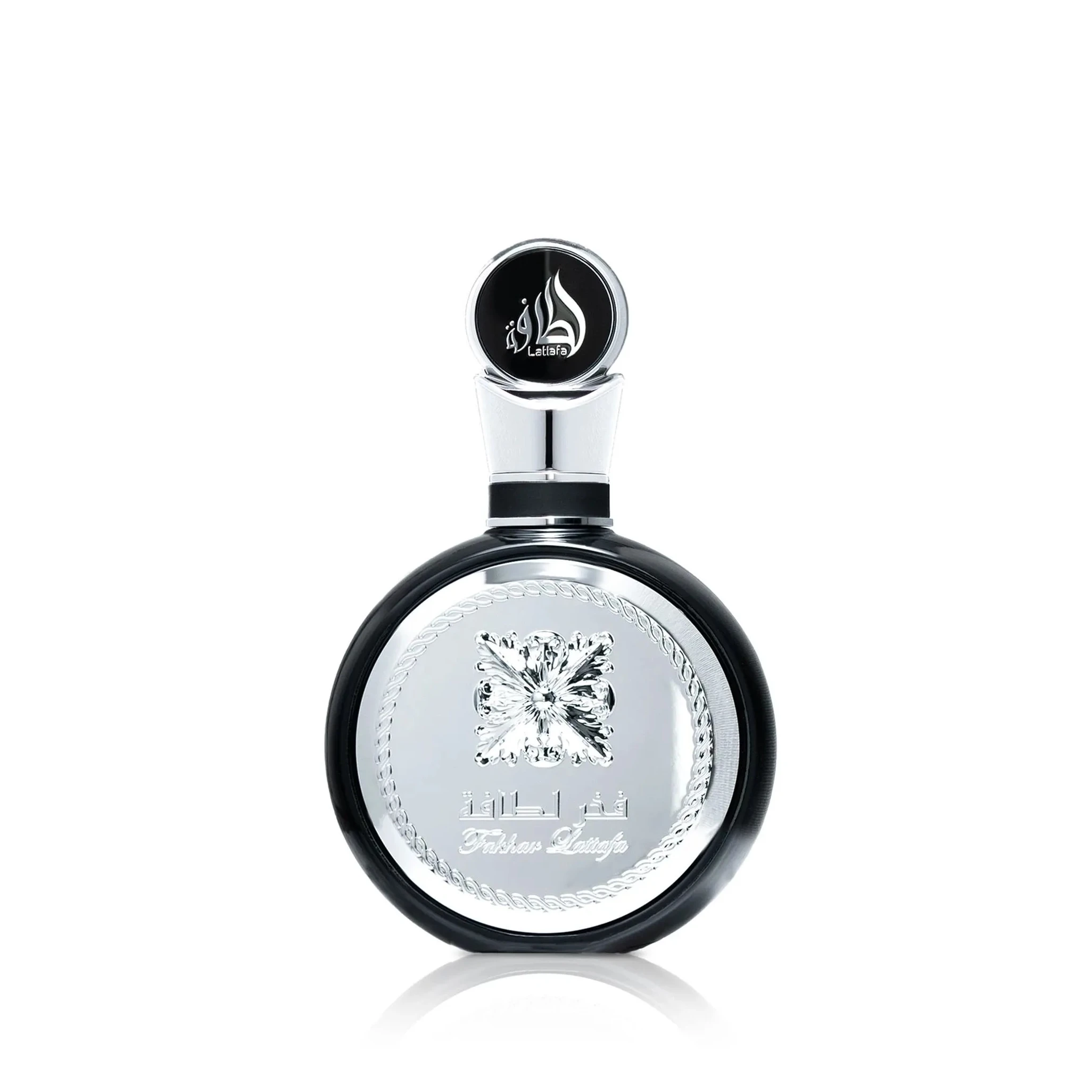 Perfume bottle with decorative cap on a white background