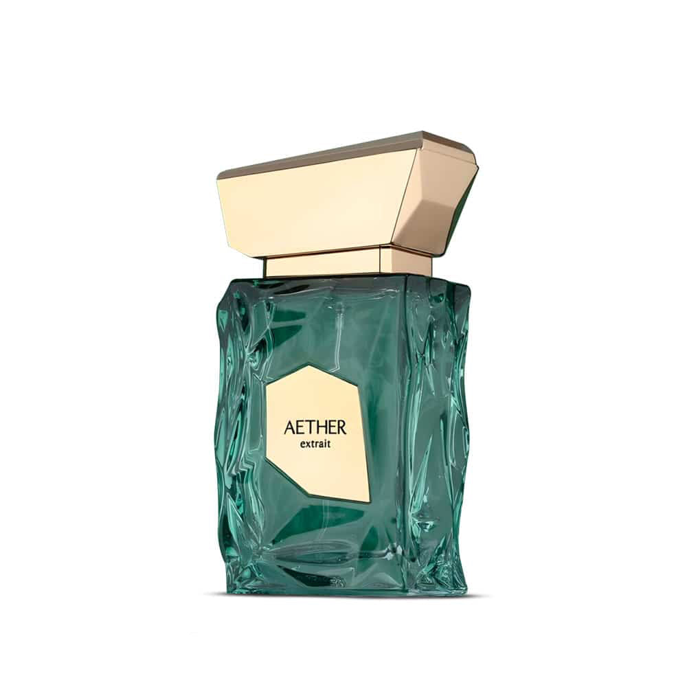A sleek Aether perfume bottle with a bold, raw-glass design that reflects strength and modern masculinity, set against a minimalist background highlighting its powerful and refined character. Available at civet in Egypt 100% original and authentic perfumes
