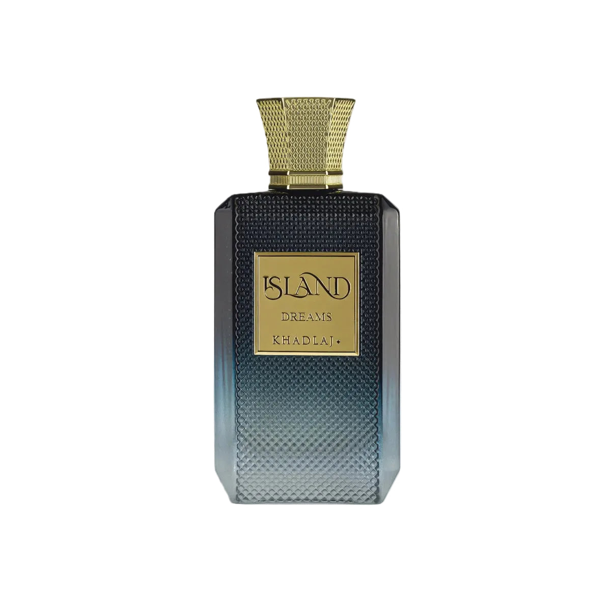 A sleek bottle of Khadlaj Island Dreams fragrance displayed against a bright, tropical-inspired background, evoking turquoise waters, sunny skies, and a fresh island atmosphere. The design reflects a vibrant and refreshing scent profile with citrus, ginger, and warm musky undertones. 100% original at civet in Egypt.
