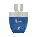 A deep ocean-blue glass perfume bottle with a rounded base and a structured silver metallic cap, featuring the name "Rare Reef" in elegant silver script above the Afnan brand logo, set against a clean white background. Available at civet 100% original and authentic.
